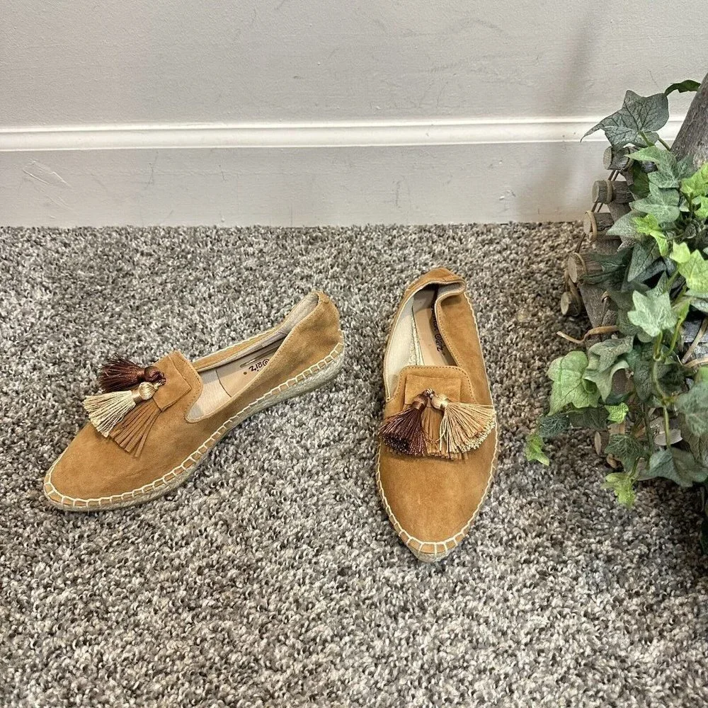 CARMEN SAIZ Camel Brown Suede Pointed Toe Espadrille Flat Shoes 36 US 6 New